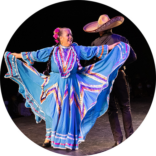 Performers dancing a Latin American dance onstage.