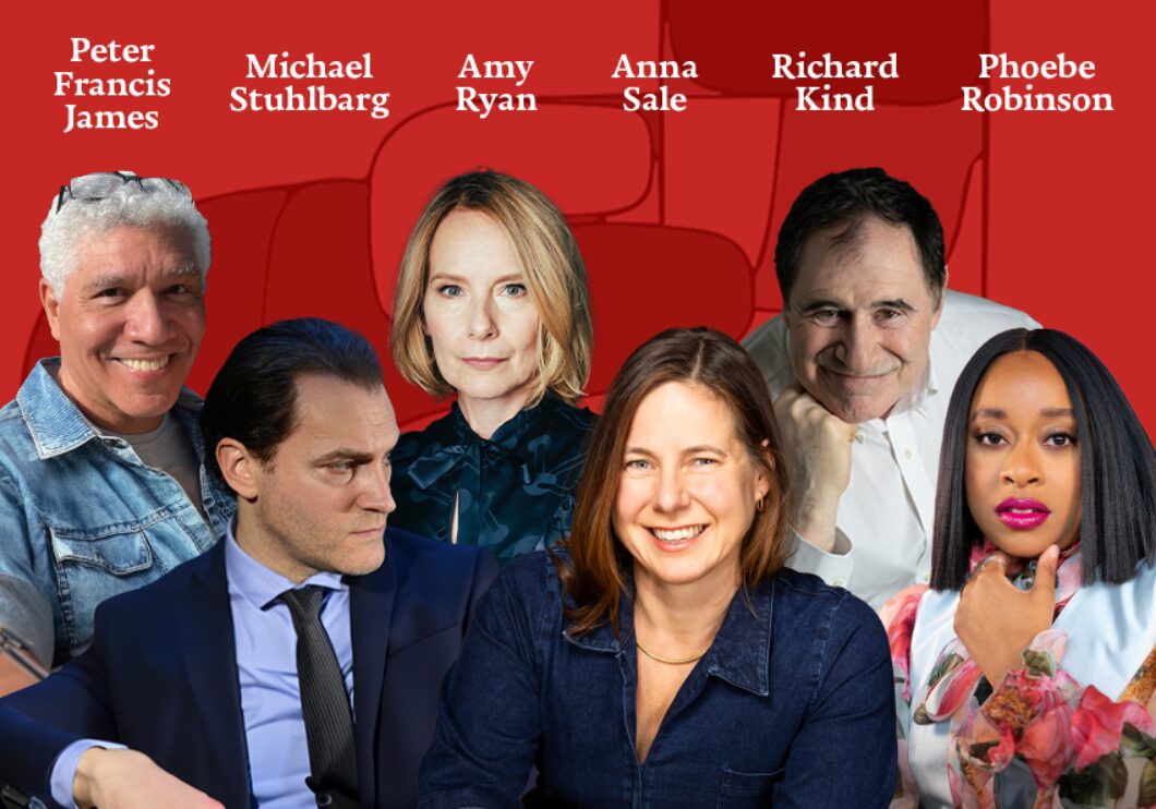 Against a red background with red geometric shapes: headshots of Peter Francis James, Michael Stuhlbarg, Amy Ryan, Anna Sale, Richard Kind, and Phoebe Robinson. The artists' names appear in white text above their headshots.