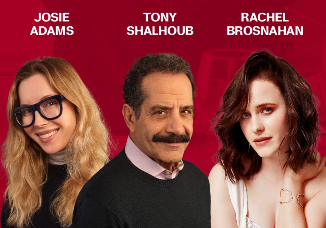 Images of Tony Shalhoub, Josie Adams, and Rachel Brosnahan against red background.