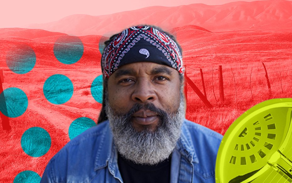 Alvin Yougblood Hart against a red landscape.