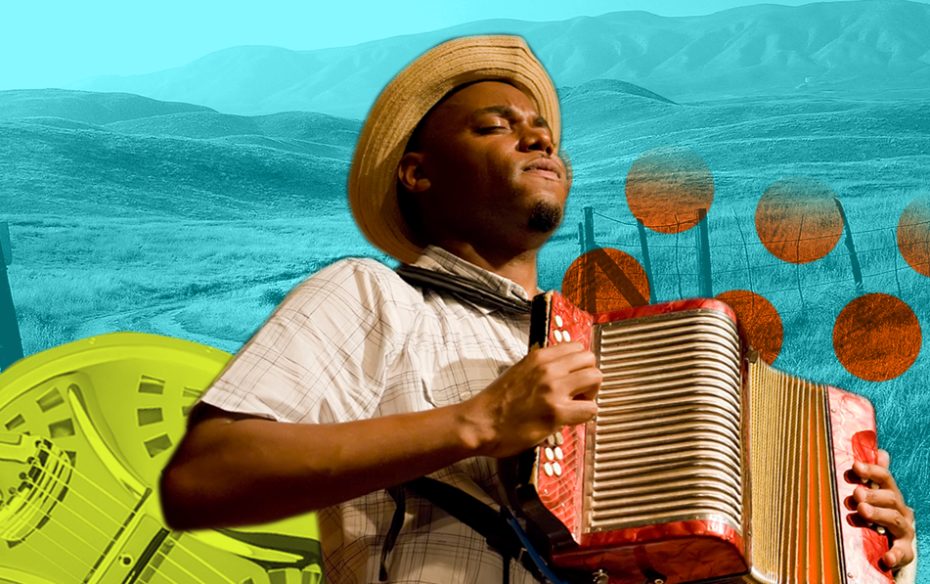 Cedric Watson playing accordion against a blue landscape.