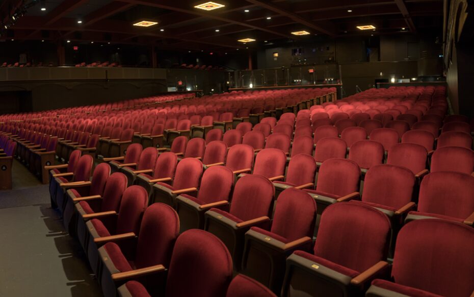 Overhead view of red velvet Peter Jay Sharp Theatre seats taken from stage right balcony