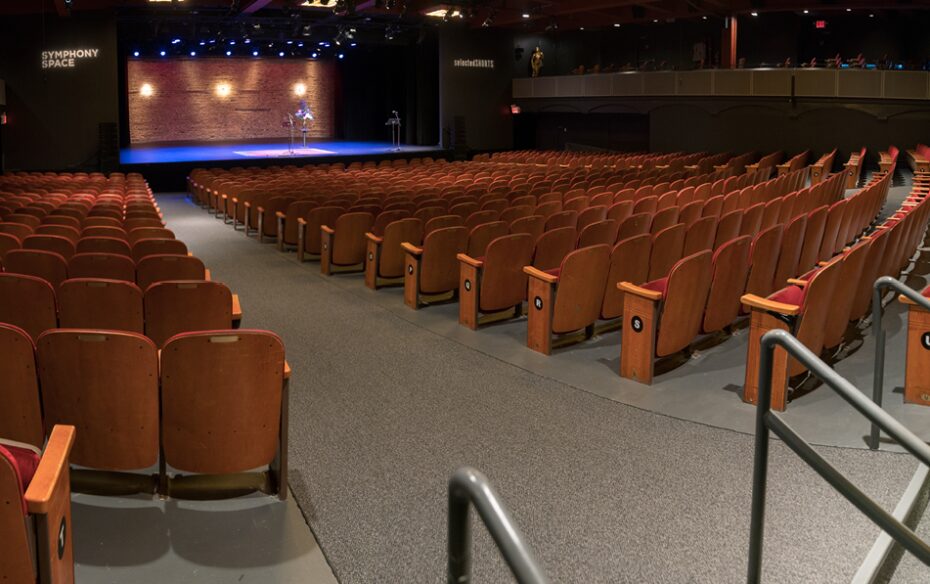 A view of the Peter Jay Sharp Theatre stage from the last row of theater seats.