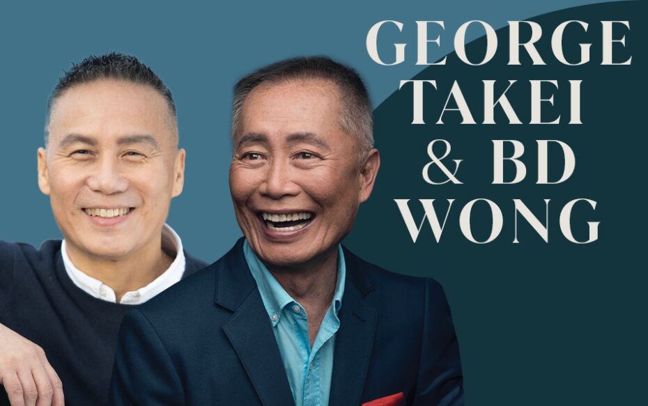 BD and George smile warmly in front of a solid gray-blue and blue-green background