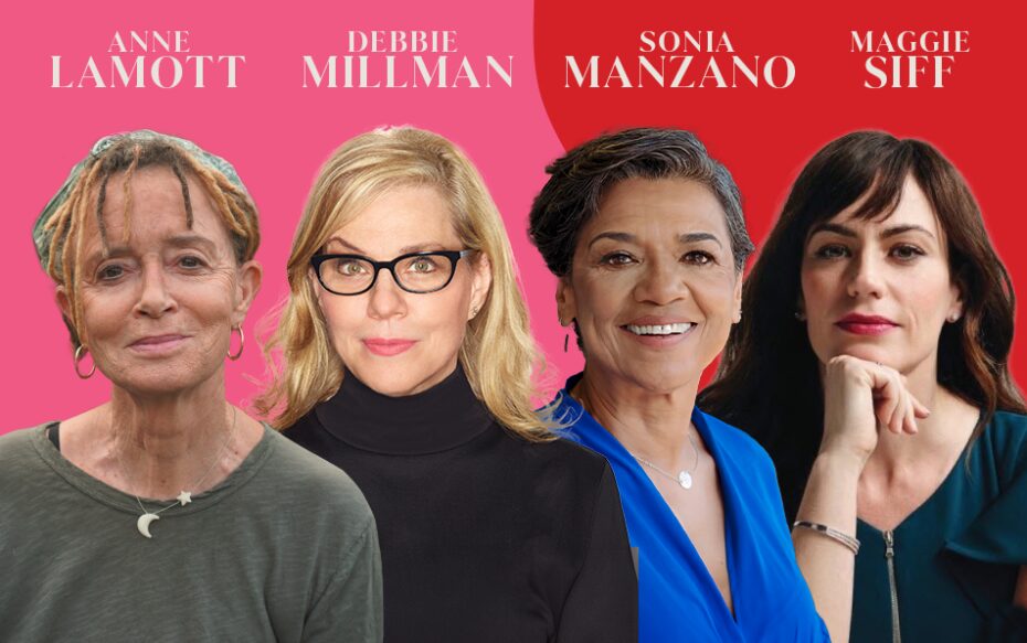 Headshots of Anne Lamott, Debbie Millman, Sonia Manzano, and Maggie Siff in front of a pink and red background.