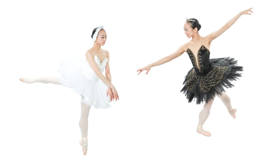 Two ballet dancers appear on a white background. One wears a white tutu as the swan from Swan Lake, the other a black tutu.