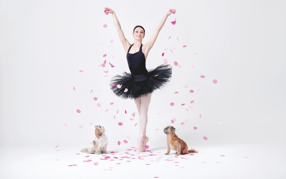 A ballerina in a black tutu stands in a ballet pose on white background. She is throwing pink flower petals and has two small dogs on the floor next to her feet.