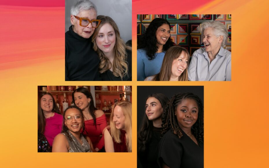 Four images of women from the choir over a red and orange background.
