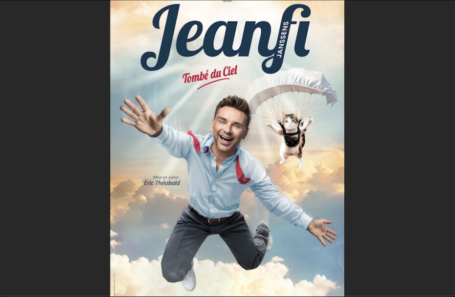 Jeanfi's logo appears in cursive font at the top center of the image. The comedian is falling through an image of the sky next to a cat sporting a parachute.