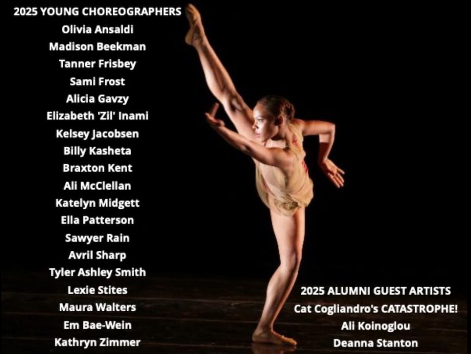 A ballet dancer poses in front of a black curtain. A list of featured choreographers appears on the left side of the image in white text.
