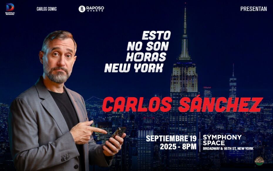 Comedian Carlos Sanchez stands in front of a backdrop of the nighttime New York City skyline. He holds a microphone in one hand. His name appears in stylized red test on either side of his head.