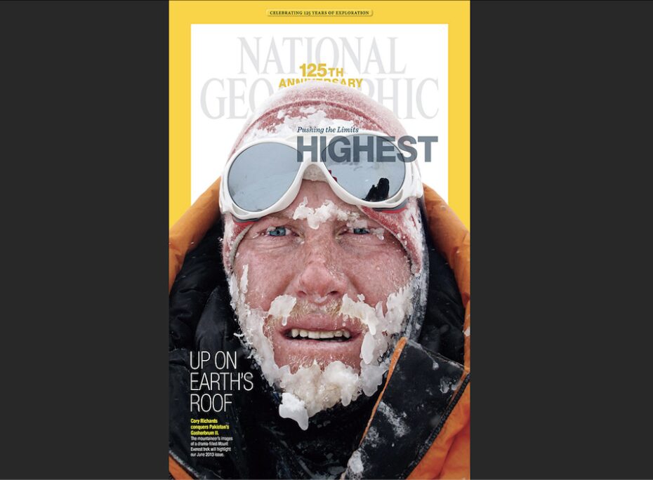 A National Geographic cover featuring a close up photo of a mountaineer with frozen beard and hat.