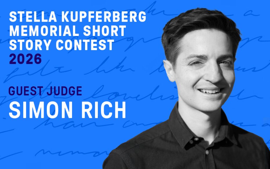 Image of writer Simon Rich on a blue background. Text reads: Stella Kupferberg Memorial Short Story Contest 2026 Guest Judge Simon Rich