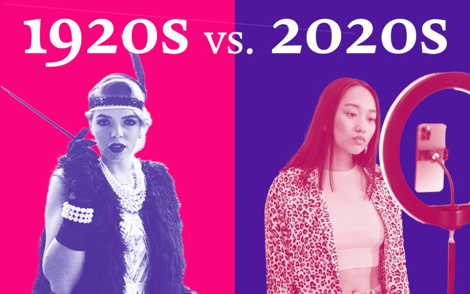Against a divided pink and blue background: on the left, a woman in 1920s-era flapper clothing poses facing the camera; on the right, a woman in modern dress poses in front of a phone and ring light. White text reading 1920s vs. 2020s. appears at the top of the image.