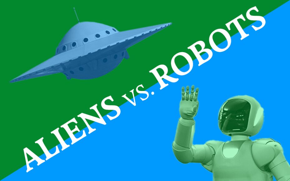 Against a divided green and blue background: a UFO appears in the upper left, and a robot with its arm raised appears in the lower right. White text across the center reads Aliens vs. Robots.