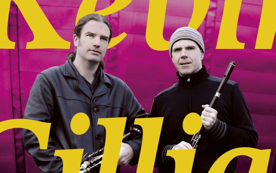 Kevin Crawford and Cillian Vallely holding their instruments in front of a pink background, with text that says, "Kevin and Cillian."
