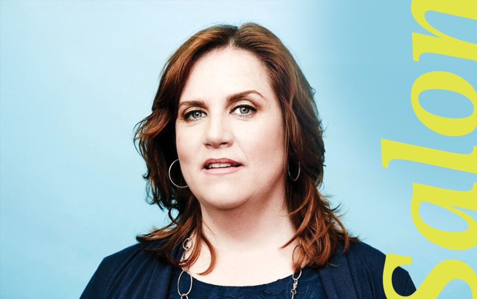 In front of a blue background, Donna Lynne Champlin stands next to the word 'Salon.'