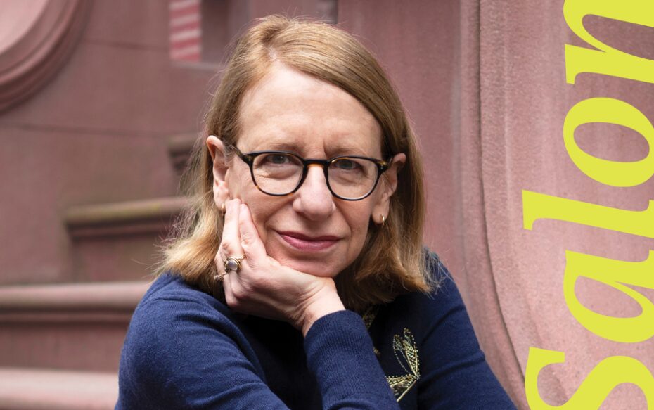 Roz Chast sits on the steps of a brownstone, one hand on her cheek, with 'Salon' written in yellow letters next to her.