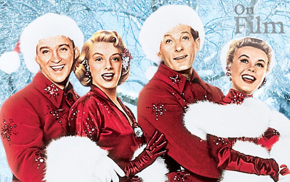 Bing Crosby, Danny Kaye, Rosemary Clooney, and Vera-Ellen wearing red and white outfits in the movie White Christmas.