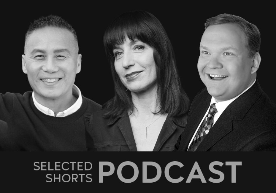 BD Wong, a smiling man, Ophira Eisenberg, a woman with long dark hair and bangs, and  Andy Richter, a smiling man wearing a suit, are together.