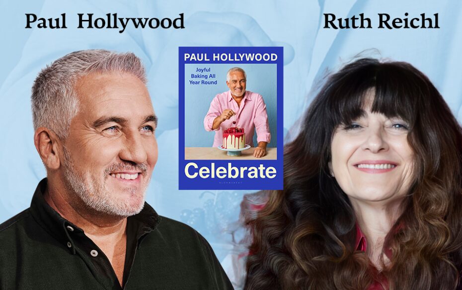 Against a blue background: headshots of Paul Hollywood and Ruth Reichl. Between them in the center: the cover of Hollywood's book Celebrate: Joyful Baking All Year Round, and the artists' names appear in black text above their headshots.