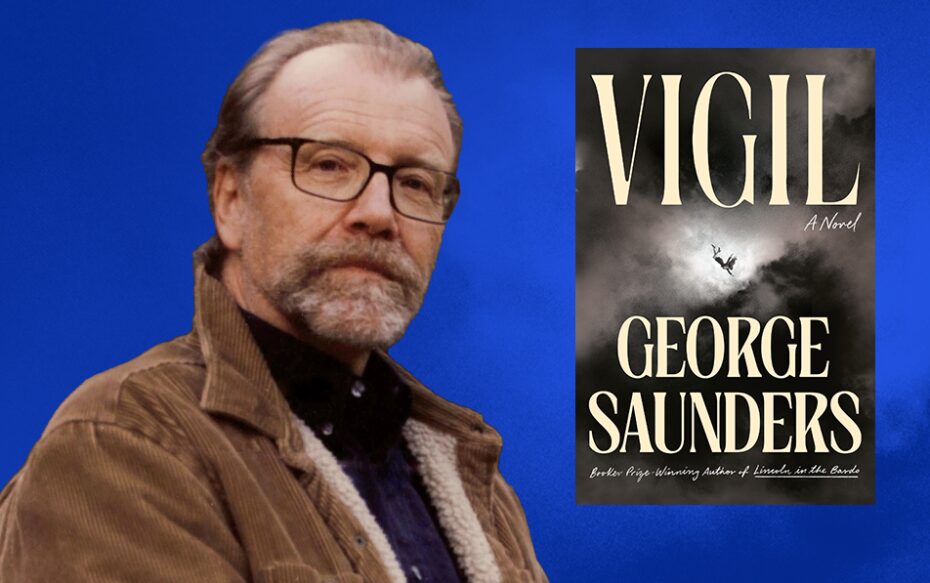 George Saunders photo against a blue background with the Vigil book cover image
