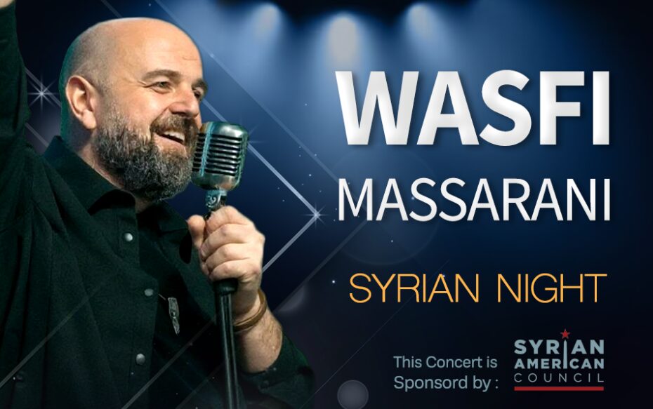 Singer Wasfi Massarani appears in the left side of the image holding a vintage silver microphone. His name is in stylized white text to the side, with the Syrian American Council logo in blue.