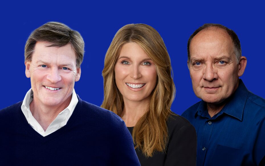 Against a blue background: headshots of Michael Lewis, Nicolle Wallace, and Zach Grenier.