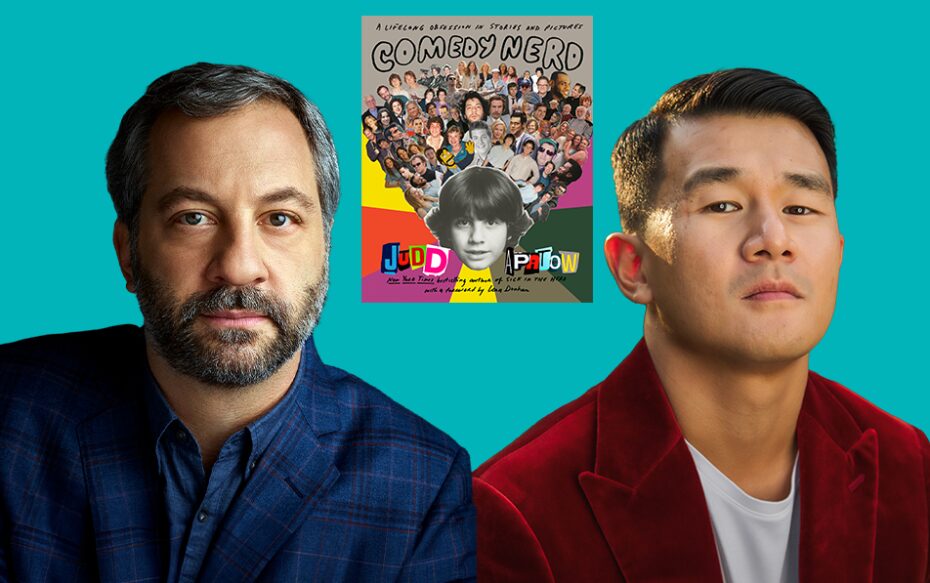 Image of Judd Apatow & Ronny Chieng against a turquoise background next to cover of Apatow's book Comedy Nerd