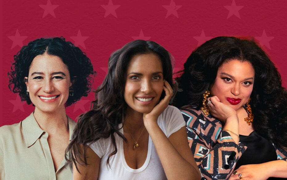 Against a red background decorated with stars: headshots of Ilana Glazer, Padma Lakshmi, and Michelle Buteau.