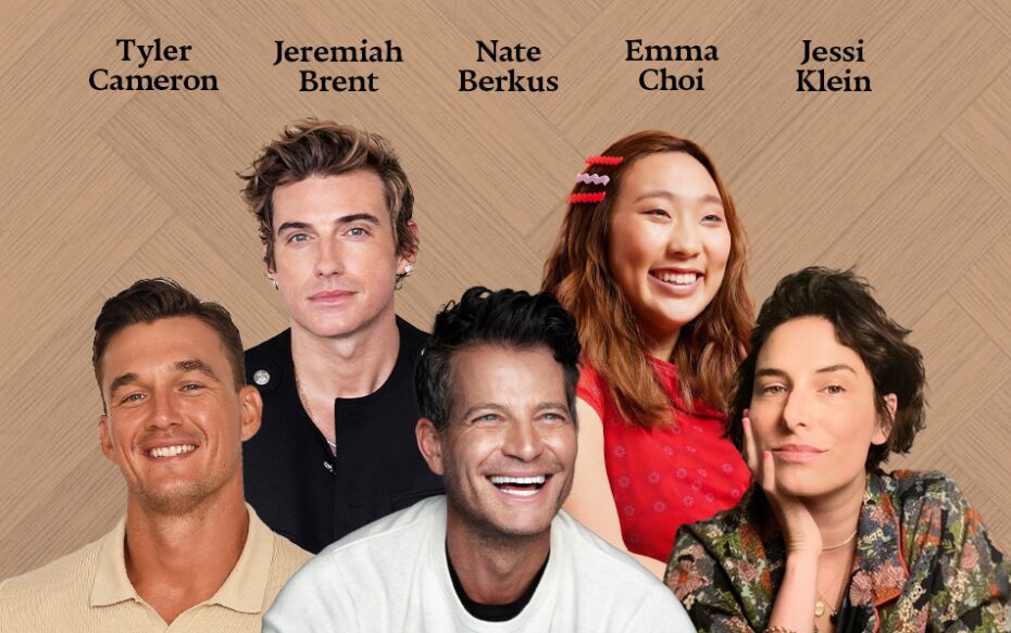 Against a textured brown background: headshots of Nate Berkus, Jeremiah Brent, Tyler Cameron, Emma Choi, and Jessi Klein. The artists' names appear in black text above their headshots. The cover of Berkus's book Foundations appears in the upper left.