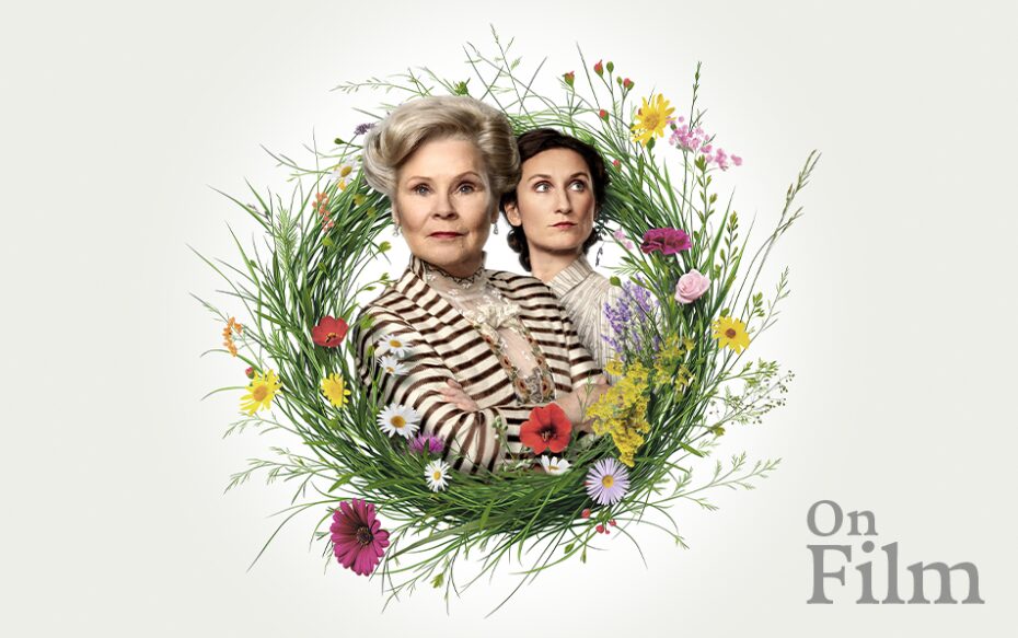 Actors Imelda Staunton and Bessie Carter in Mrs. Warren's Profession, surrounded by a floral wreath.