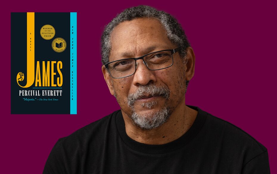 Against a dark purple background: a headshot of author Percival Everett. The paperback cover of his novel "James" appears in the upper left.