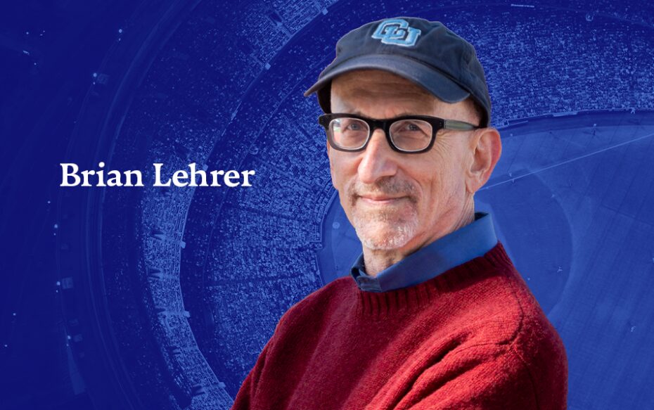 Foreground: A headshot of Brian Lehrer; his name appears in white text next to his headshot. Background: a blue-tinted picture of a baseball diamond from above.