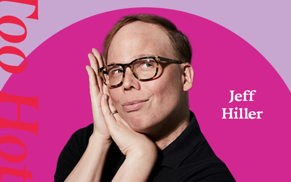 Against a pink background: a headshot of actor Jeff Hiller. His name appears in white text on the right side of the image.