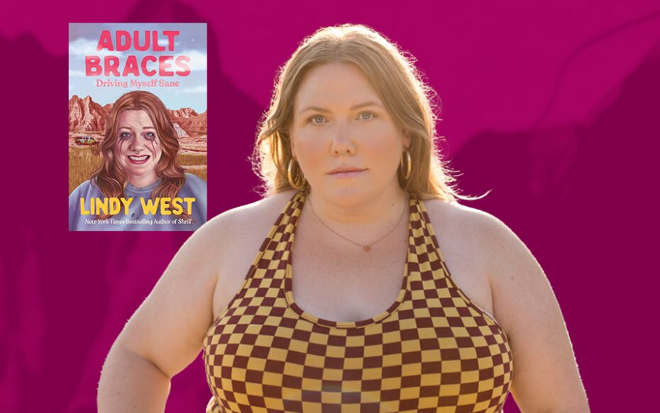 Against a magenta background: a headshot of author Lindy West. The cover of her book, "Adult Braces," appears in the upper left.
