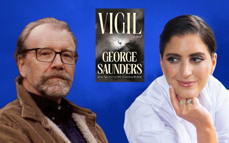 Against a blue background: headshots of George Saunders and Suleika Jaouad. The cover of Saunders's book "Vigil" appears in the center.