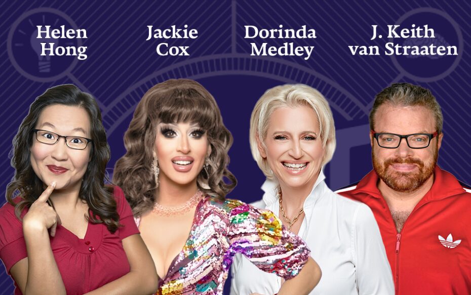 Against a dark blue background: headshots of Helen Hong, Jackie Cox, Dorinda Medley, and J. Keith van Straaten. The artists' names appear in white text above their headshots.