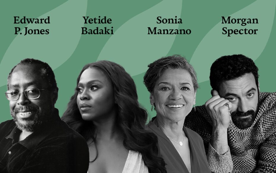 Against a green pattered background: headshots of Edward P. Jones, Yetide Badaki, Sonia Manzano, and Morgan Spector. The artists' names appear in black text above their headshots.