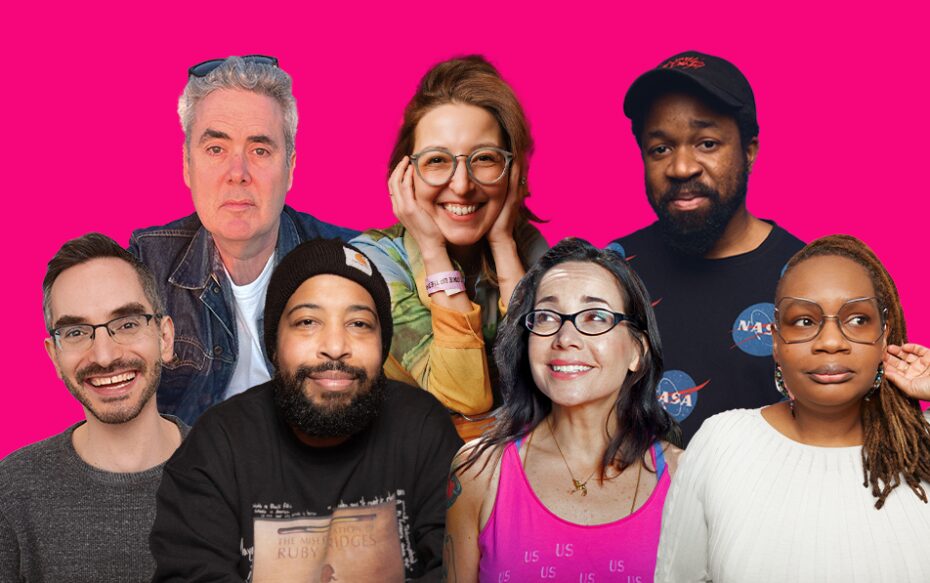 Against a bright pink background: headshots of Bob Powers, Natasha Vaynblat, Ikechukwu Ufomadu, Myq Kaplan, Brandon Collins, Janeane Garofalo, and Shalewa Sharpe.