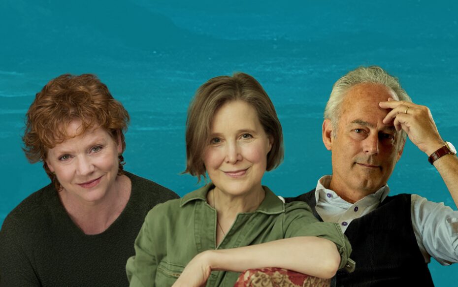 Against a teal background: headshots of Becky Ann Baker, Ann Patchett, and Amor Towles.