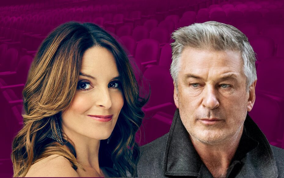 Against a purple background: headshots of Tina Fey and Alec Baldwin.