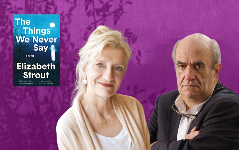Against a purple background: headshots of authors Elizabeth Strout and Colm Tóibín. The cover of Strout's book, The Things We Never Say, appears on the left side of the image.