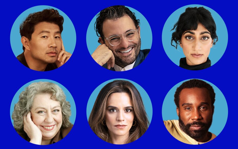 Against a blue background, in light blue circles: headshots of Simu Liu, Arian Moeyed, Sunita Mani, Jane Houdyshell, Sepideh Moafi, and Tramell Tillma