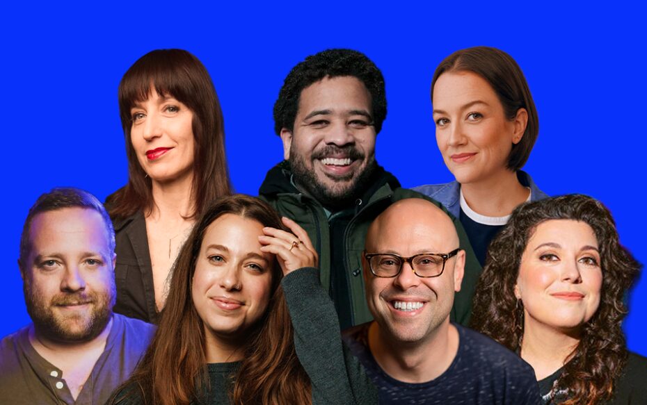 Against a blue background: headshots of Ophira Eisenberg, Tim Barnes, Carley Moseley, Michael Hartney, Ariel Elias, Jon Fisch, and Jenny Zigrino.