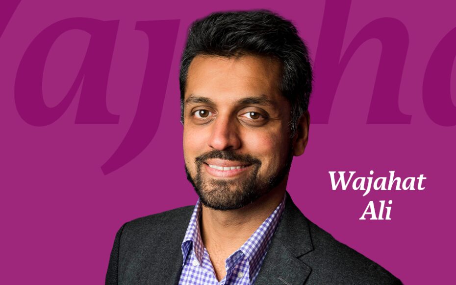 Against a purple background: a headshot of Wajahat Ali. His name appears in white text on the lower right of the image.