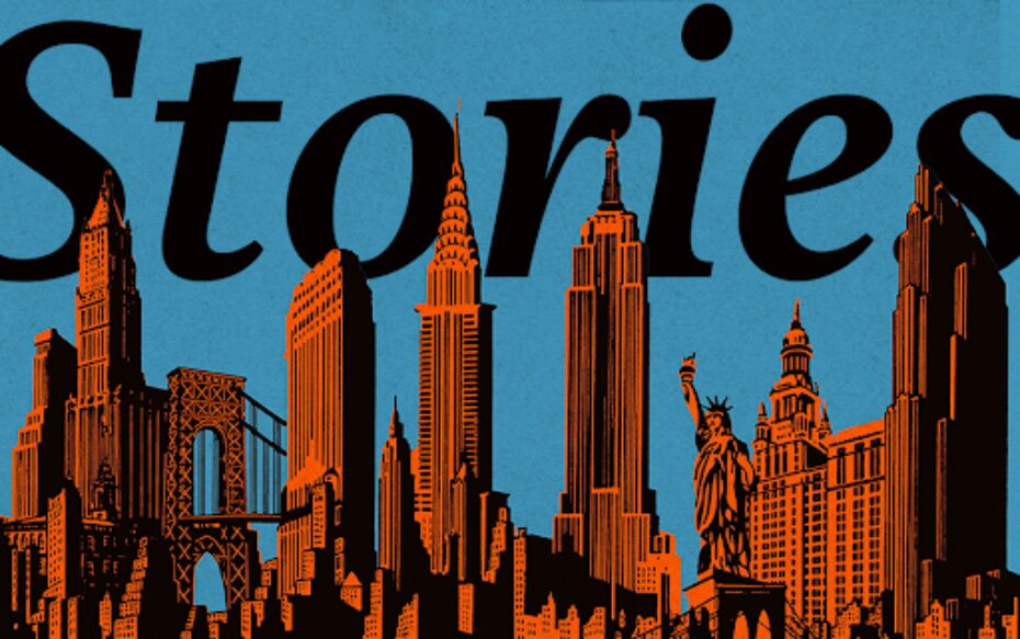 A NYC landscape with text that says, "stories."