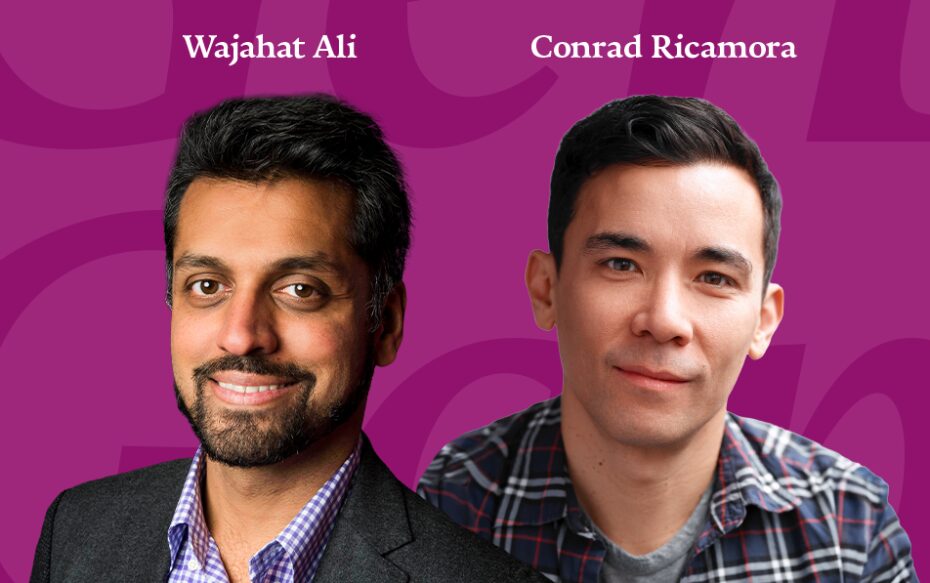 Against a purple background: headshots of Wajahat Ali and Conrad Ricamora. The artists' names appear in white text above their headshots.