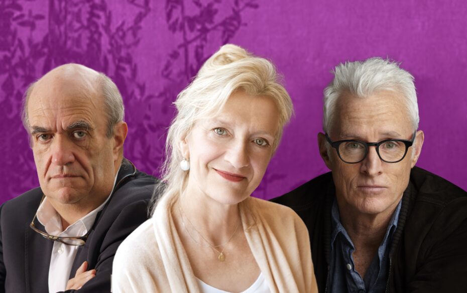 Against a purple background: headshots of Colm Tóibín, Elizabeth Strout, and John Slattery.
