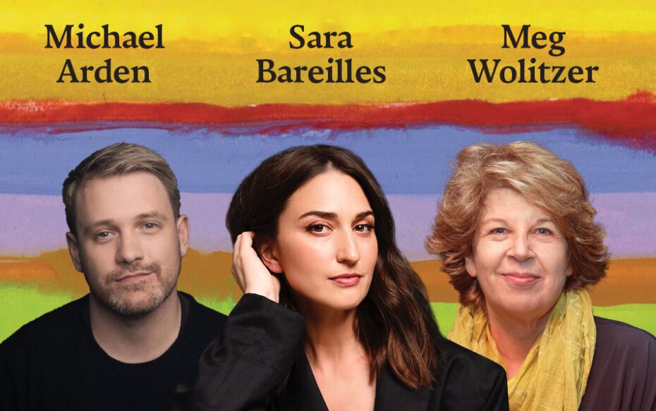 Headshots of Michael Arden, Sara Bareilles, and Meg Wolitzer in front of a striped background.